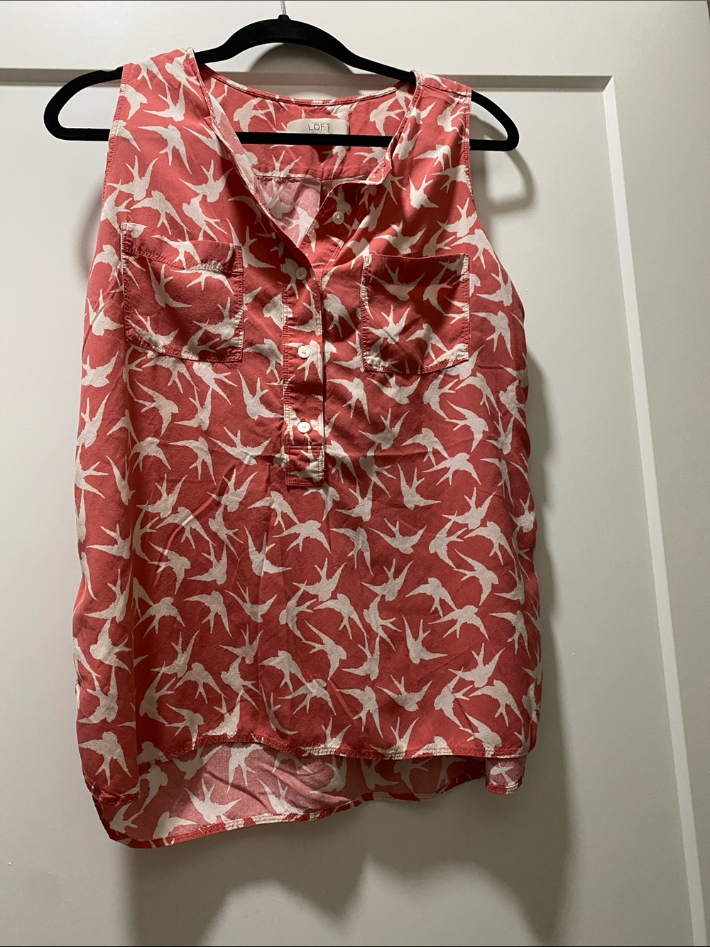 LOFT Coral Sleeveless Bird-Print Blouse